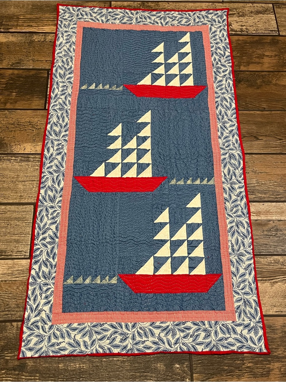 Nautical Sailboat Quilted Table Runner in Blue and Red - Home Dining Table Linen